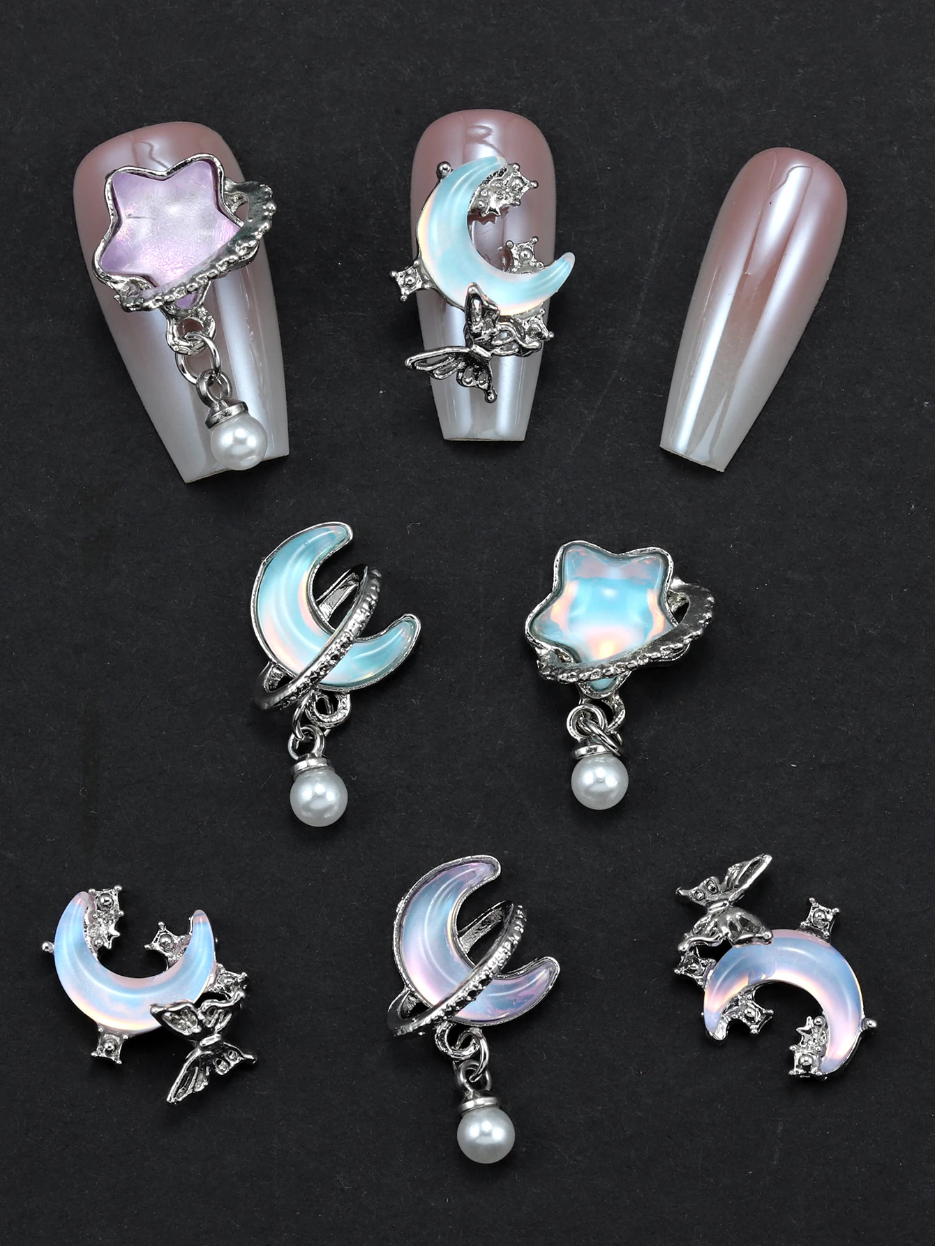 10 piezas de accesorios de lujo para decoración de uñas: dijes de estrella, luna, perla y borla, gemas brillantes para decoración DIY