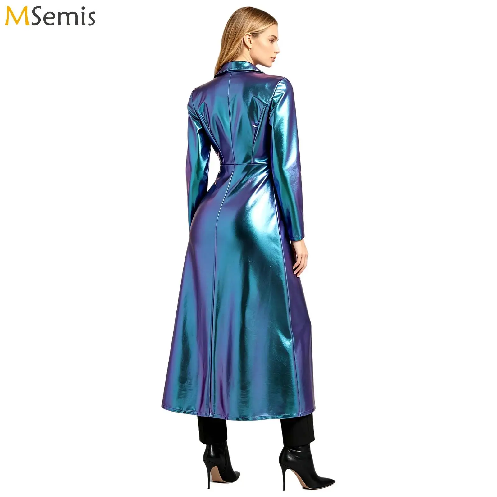 Women Long–sleeve One Button Ankle Length Jacket Tops Shiny Iridescent Long Jacket Metallic Turn-down Collar Trench Maxi Coat