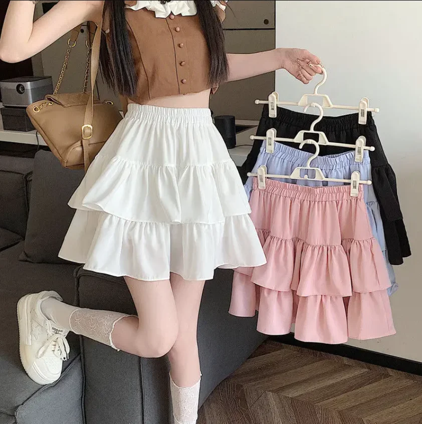 Ruffled Cake Skirts for Women High-waisted A-line Solid All-match Sweet Lovely Girls Korean Style Gentle Spring Kawaii Casual