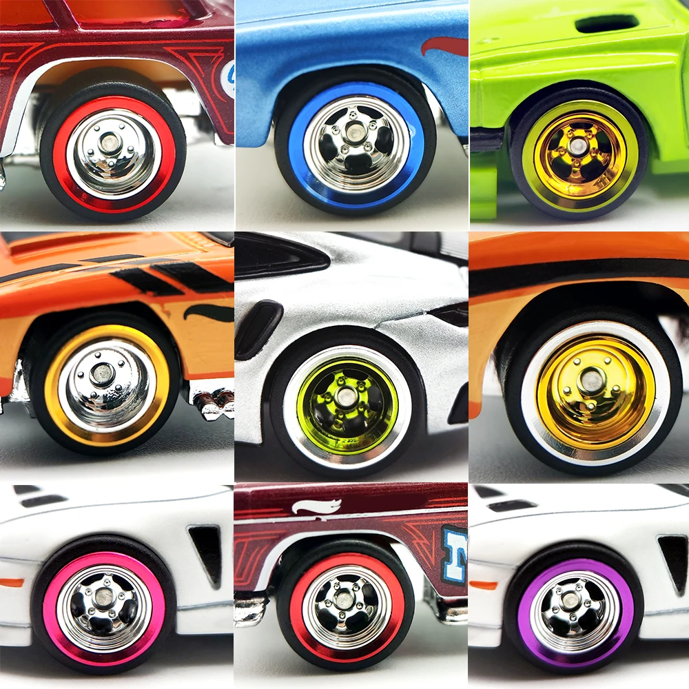 1/64 Alloy Rims Wheels Set for Diecast Model Car, Rubber Tires Electroplating Refitting for Modified Real Riders RLC Hot Wheels