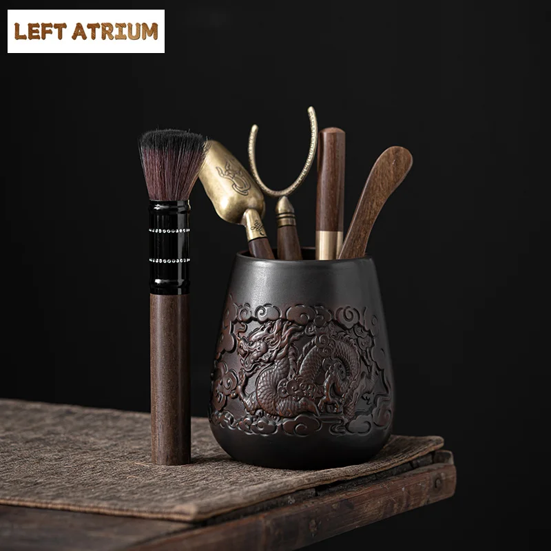 High-end Purple Pottery Tea Ceremony Six Gentlemen  Hand Carving Pottery Blackwood Solid  Kung Fu Tea Set Accessorie