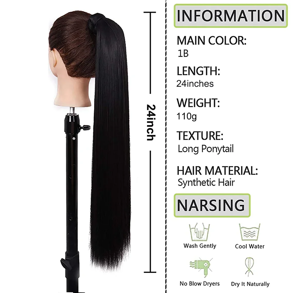 Long Straight Ponytail Natural Hairpieces for Women Wrap Around Hair Extensions Pony Tail Hair Hairpiece Heat Resistant Fiber