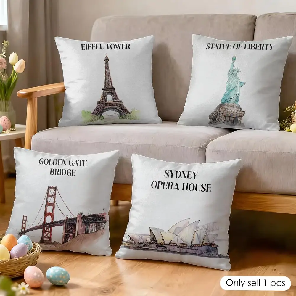 Famous Buildings Cushion Cover Soft Short Plush Pillow Cover Smooth Cozy Texture Aesthetic Cushion Case Home Decor