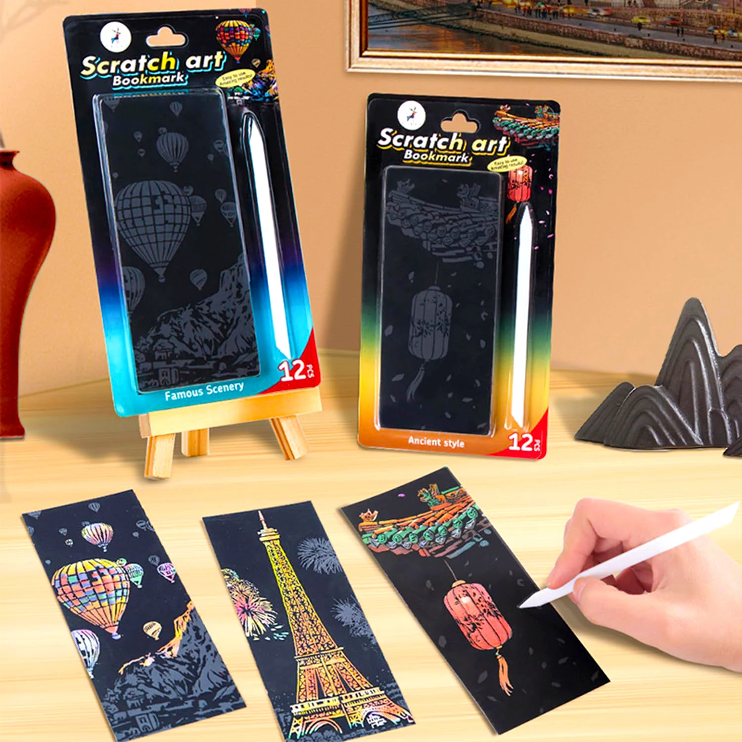 12PCS Scenery Scratch Bookmarks Paper Scratch Rainbow Bookmarks DIY Bookmark Crafts  for Book Lovers Students Rewards Gifts