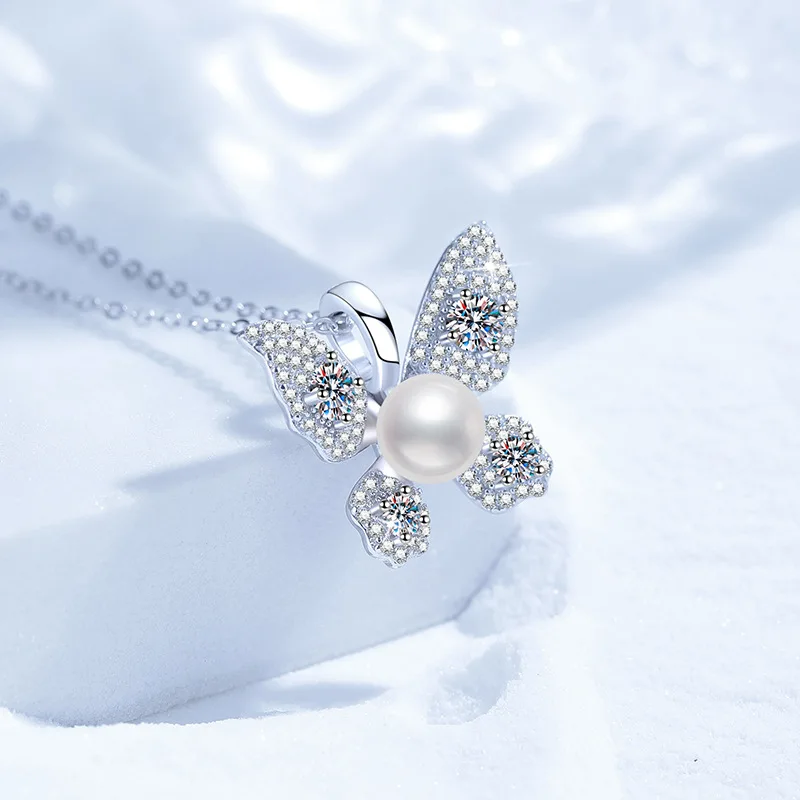 HAIMAITONG PT950 البلاتين عبر الحدود رائجة البيع ، قلادة مويسانيتي قلادة لؤلؤ المياه العذبة الطبيعية قسط قلادة على شكل فراشة