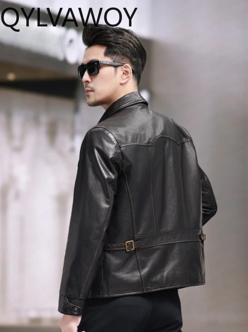 QYLVAWOY100% Genuine Leather Jacket Men Autumn Winter Waxed Top Layer Cowhide Real Leather Coat Man Fashion Motorcycle Outerwear