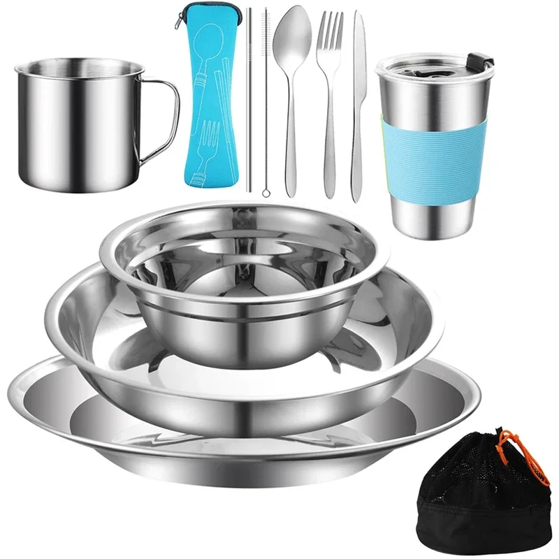 Stainless Steel Camping Plates, Cups and Bowls, Dish Set, Hiking, Beach,Outdoor Use, 3.5in to 8.6in, 24 PCs