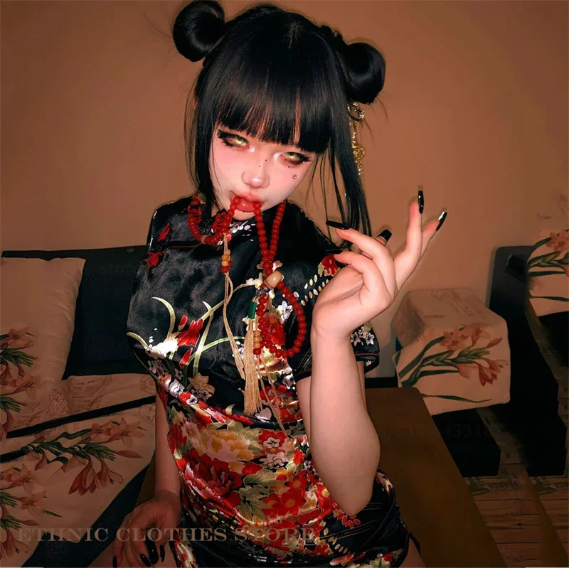 

Elegant Chinese Dress Vintage Print Flower Female Long Qipao Satin Short Sleeve Slim Cheongsam Sexy Y2K Vestidos Cosplay Costume