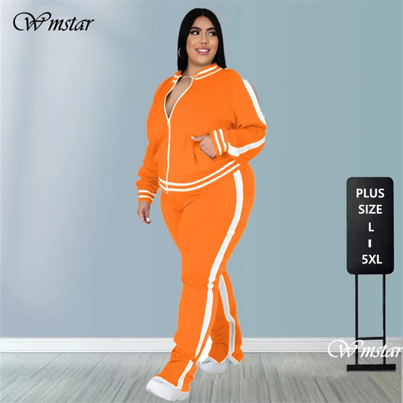 Conjunto de dos piezas de L-5XL para mujer, traje de chándal con cremallera a rayas, Top con abertura, pantalones de chándal, conjunto a juego,