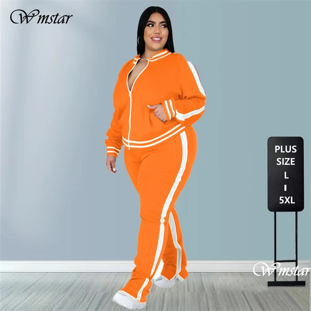 Plus Size L 5XL Two Piece Set Women Sweatsuit Zip Striped Top Slit Sweatpants Jogger Outfit Matching Set Wholesale Dropshipping AliExpress