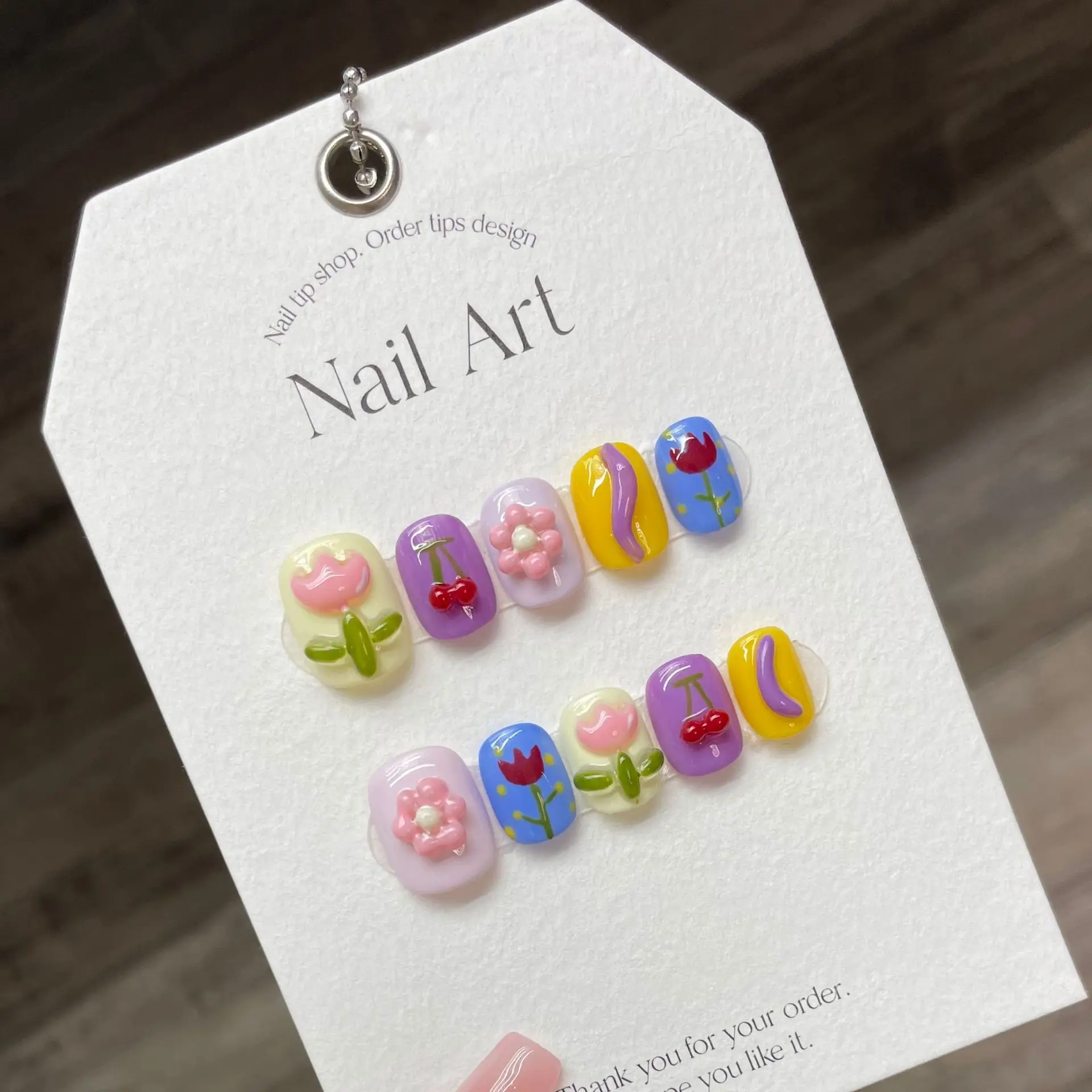 10 PCS Luxury Handmade Press on Nails Short Circle Cartoon Tulip Design False Nails with 4-PIECE Tool Adhesive Nail Glue Tabs
