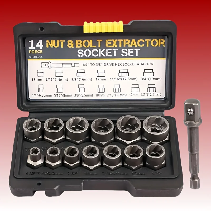 Nut Extractor Kit 14pcs Nut Removal Tool With 13 Bolts And Nut Removers, 1 Hex Socket Adapter For 1/4
