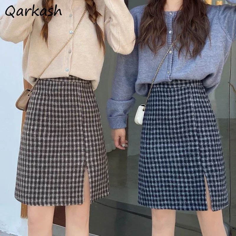 

Skirts Women M-3XL Plaid Design Side-slit Female Elegant Autumn Leisure All-match Simple Vintage Streetwear Fit Korean Style Ins