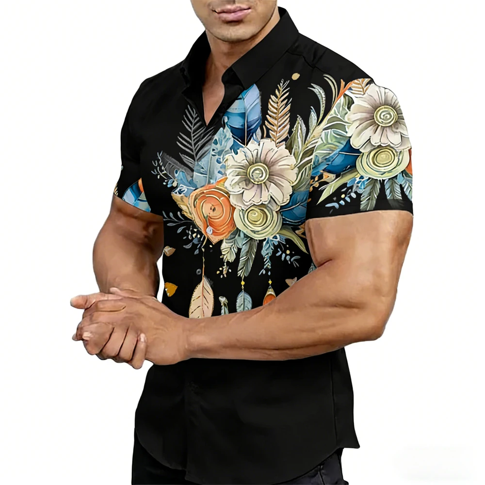 

2026 Men's Micro-Elastic Large-Size Short-Sleeve Collar Shirt with High-Definition Floral Print Colorful Business Casual Shirt