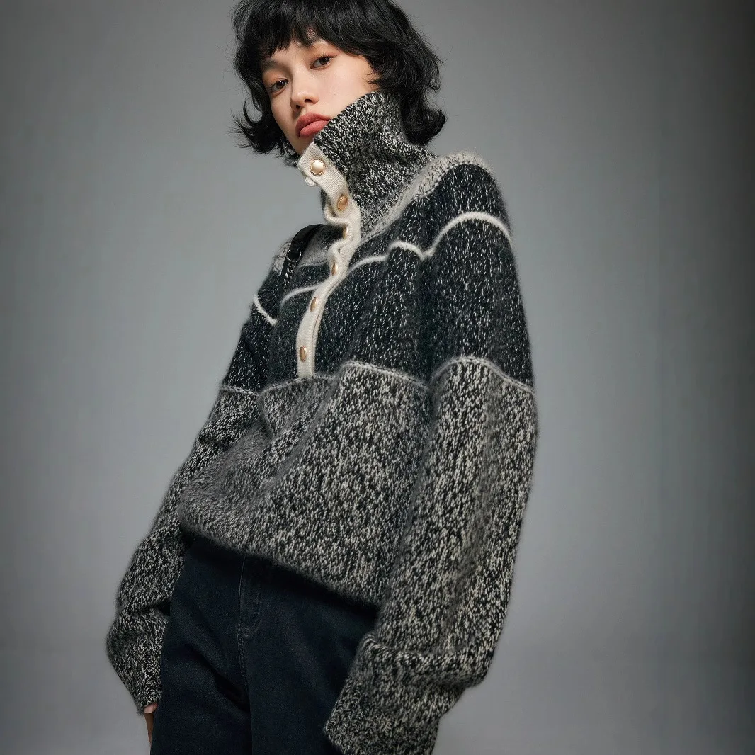 100% кашемир, универсальный французский воротник с акцентом, серый цвет, контрастный свитер, вязаный свитер