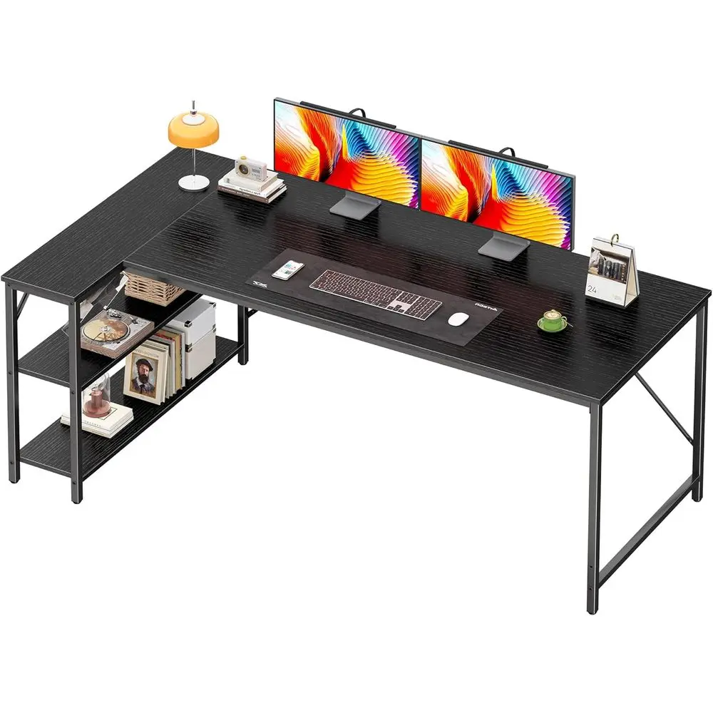 

63-дюймовый металлический L-образный стол с двусторонними полками для домашнего офиса, игр и учебы, черный
