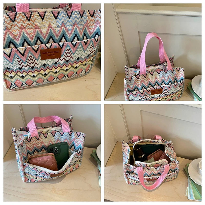 Bohemian Ethno-Stil Geometrischer Druck Canvas-Tragetasche, Bunte Zickzack-Muster Handtasche für Damen, Große Kapazität Pendler-Schultertasche – Detail 2