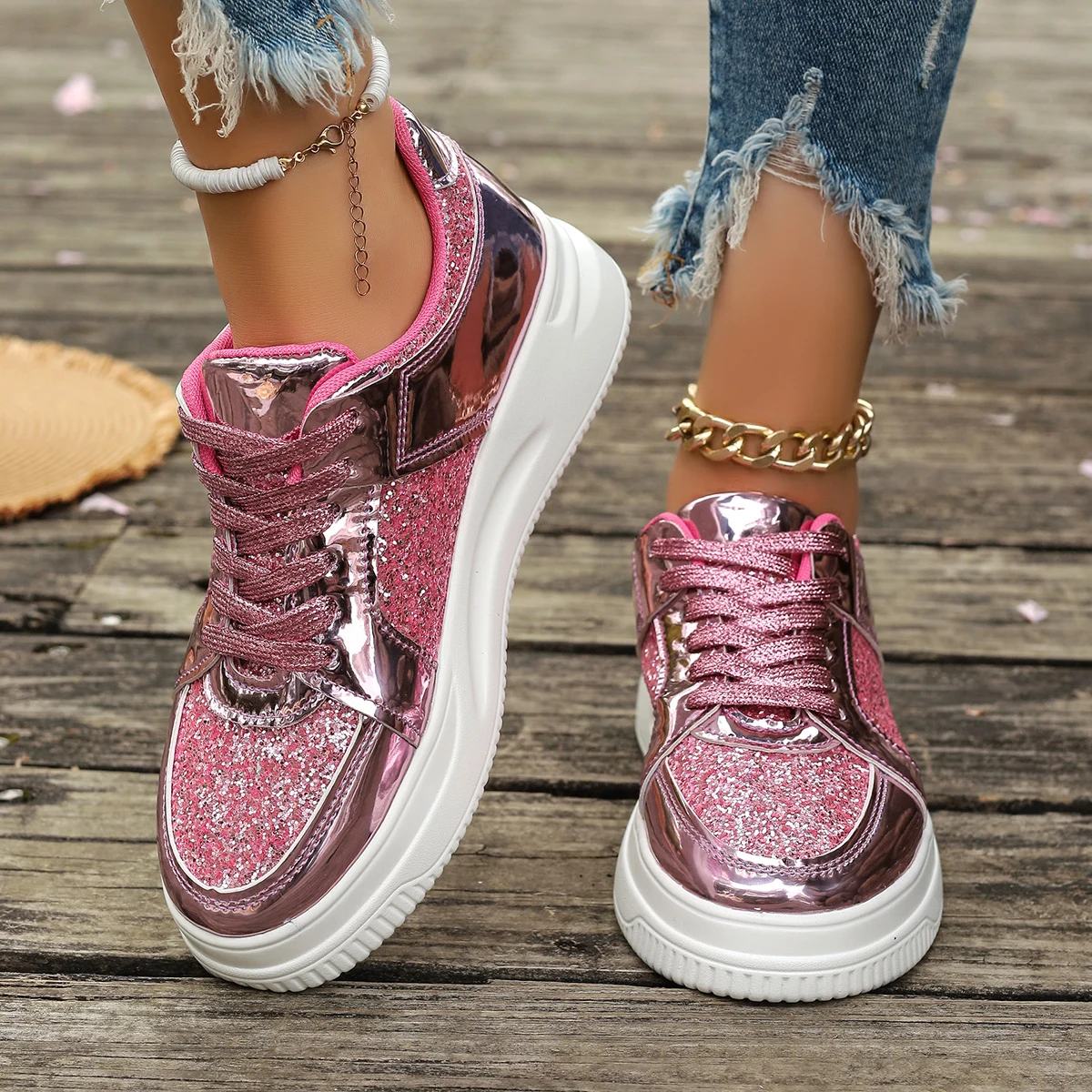 Casual Wedges Sneakers Comfortable Sequins Badminton Shoes Fashion Women\'s Vulcanize Shoes Running Fitness Walking