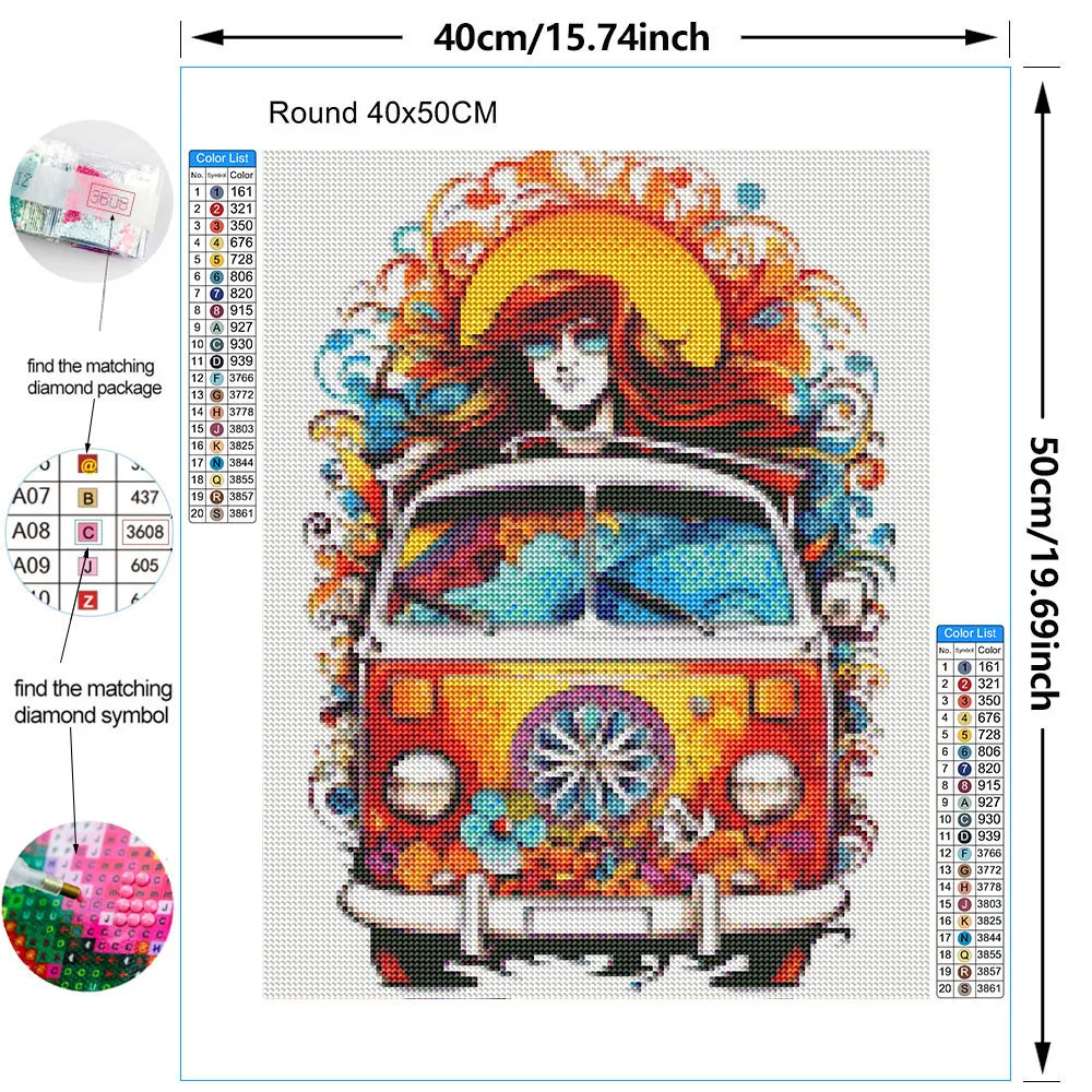 PYABPD Cartoon Bus Colorful Diamond Painting Set Cross Embroidered Rhinestone Handmade Mosaic Designer Art Home Decoration Gift