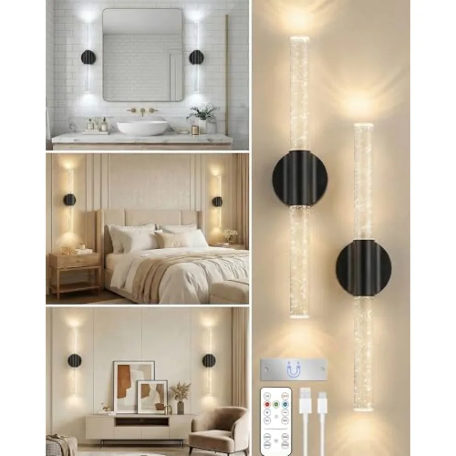

Black Rechargeable Wall Sconces Set of 2, Wireless Magnetic Battery Sconces Wall Decor Set of 2 with Remote and Touch Control,