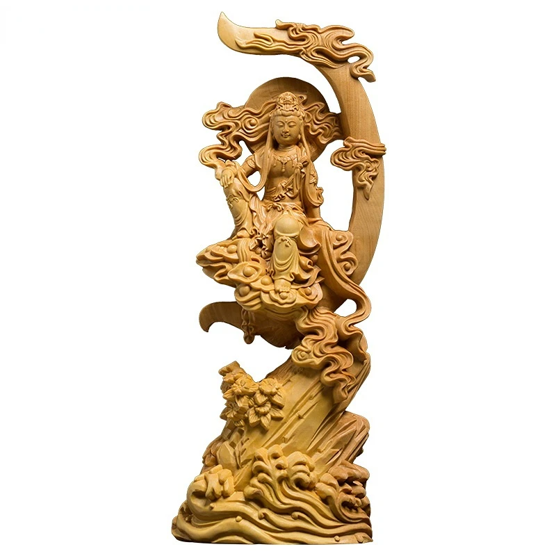 Wooden carved and moon Guanyin statue  Modern art sculpture Chinese Bodhisattva Home living room decoration