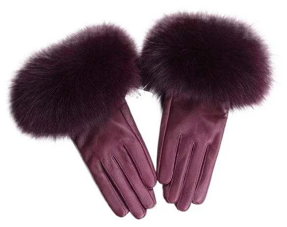 Guantes de piel de oveja con corte de piel de zorro Natural para mujer, guantes calentadores de muñeca de cuero genuino, manoplas cálidas de moda para invierno, forro polar