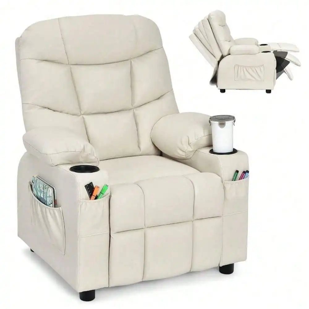 Kids Youth Recliner Chair PU Leather w/Side Pockets & Cup Holders