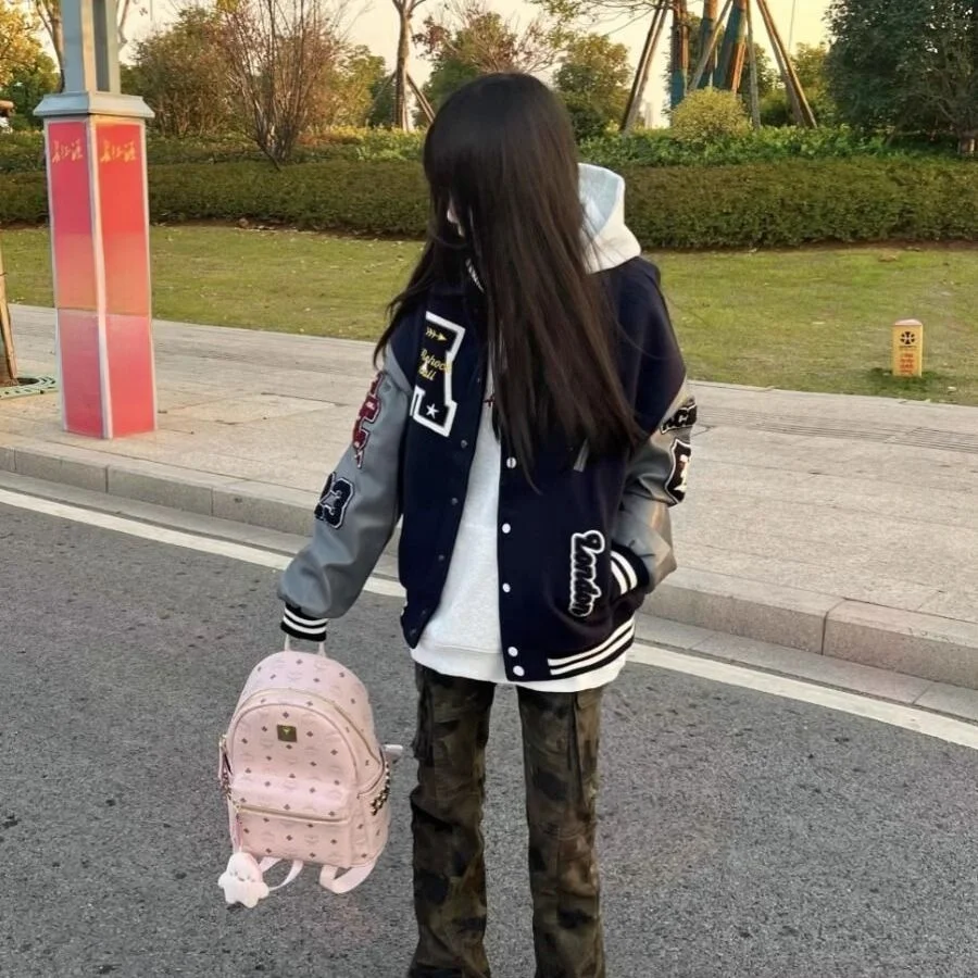 

Heavy Embroidery Patchwork Cotton Lined Loose Fit Leather Jaet Retro American Sle Baseball Vest Thiened Jaet for Teens