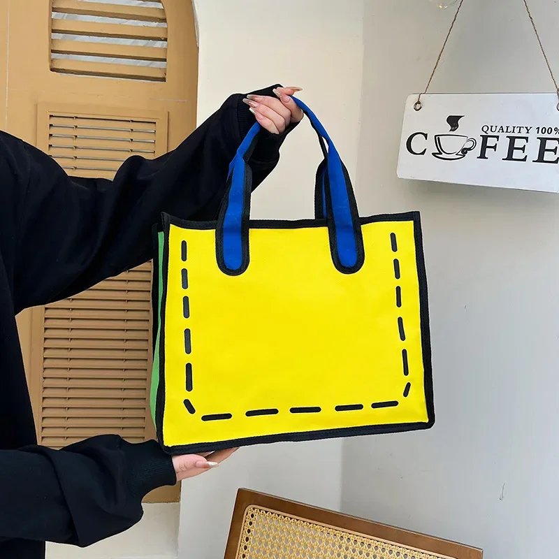 New Trendy Customized 3D 2D Carton Bag Reusable Shopping Cute Canvas Tote Bags For Students