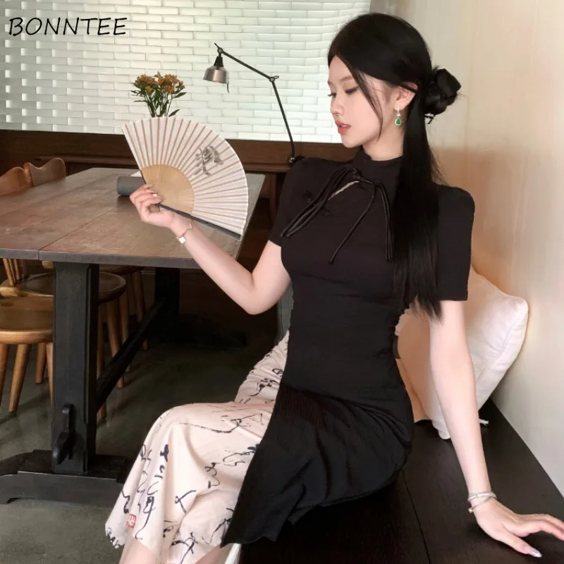 Women 2 Pieces Sets Short Sleeve Slim Tops Hollow Out Irregular Designed High Waist Skirts Printing Side Slit Chinese Style Chic