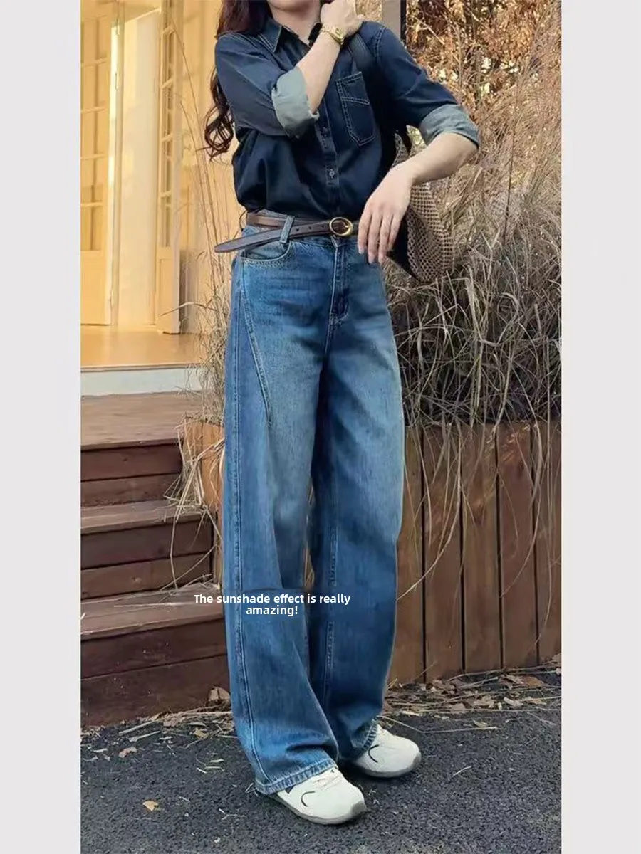 

plus Size Vintage Blue Jeans Women's Autumn Pear Shape Loose High Waist Slim Straight Wide Leg Pants Casual High Waist Jeans