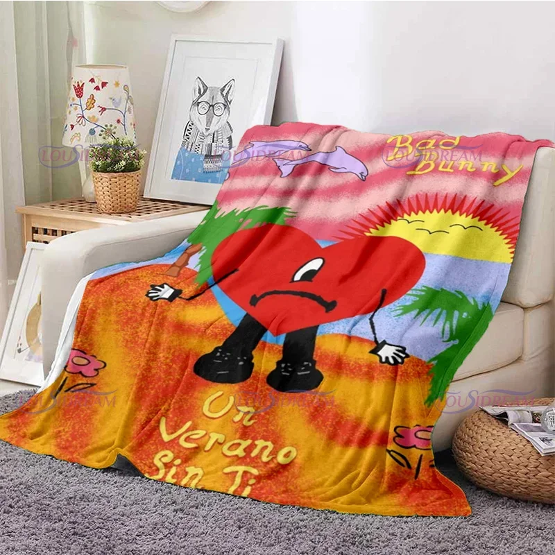 Cartoon Bad Bunny Blanket Flannel Blankets Pop Latin Music Warm Plush Fleece Throw Blankets for Aldult Sofa Bedding All Season