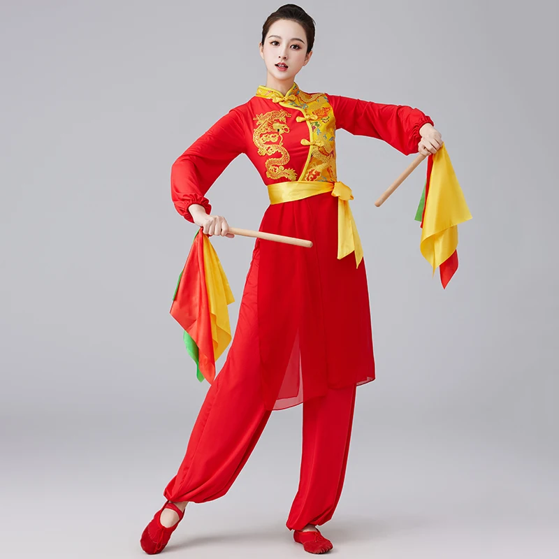 Tradycyjny chiński strój narodowy, starożytny strój do tańca perkusyjnego Yangko, strój do tańca z wachlarzami, ludowy, elegancki strój do występów tanecznych.