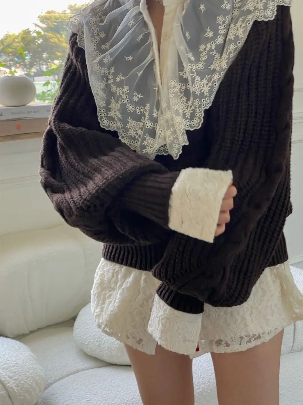 Korean Chic Autumn Winter Temperament Neckline Fried Dough Twists Pattern Pullover Loose Solid Warm Lantern Sleeve Knit Sweater