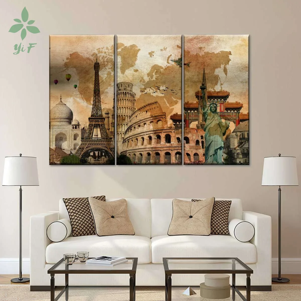 Paris Rustic Landmark World Map Multi Panel 3 Piece Canvas Art Household Wall Decoration