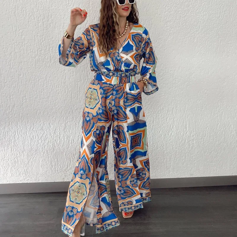 Summer Two Piece Sets Womens Outifits Fashion Printed Short Top And Split Wide Leg Pants Suit 2 Piece Holiday Lady Matching Sets