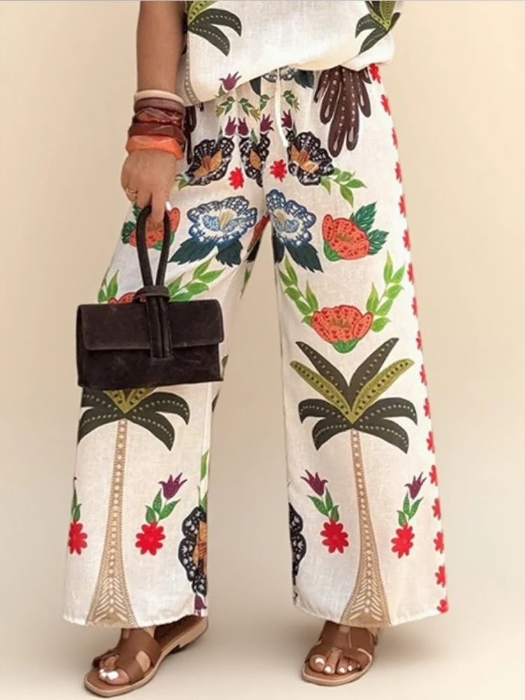 Gymystars-pantalones largos de pierna ancha con estampado para mujer, pantalón bohemio, informal, con bolsillo, cintura alta, elásticos, holgados, Vintage