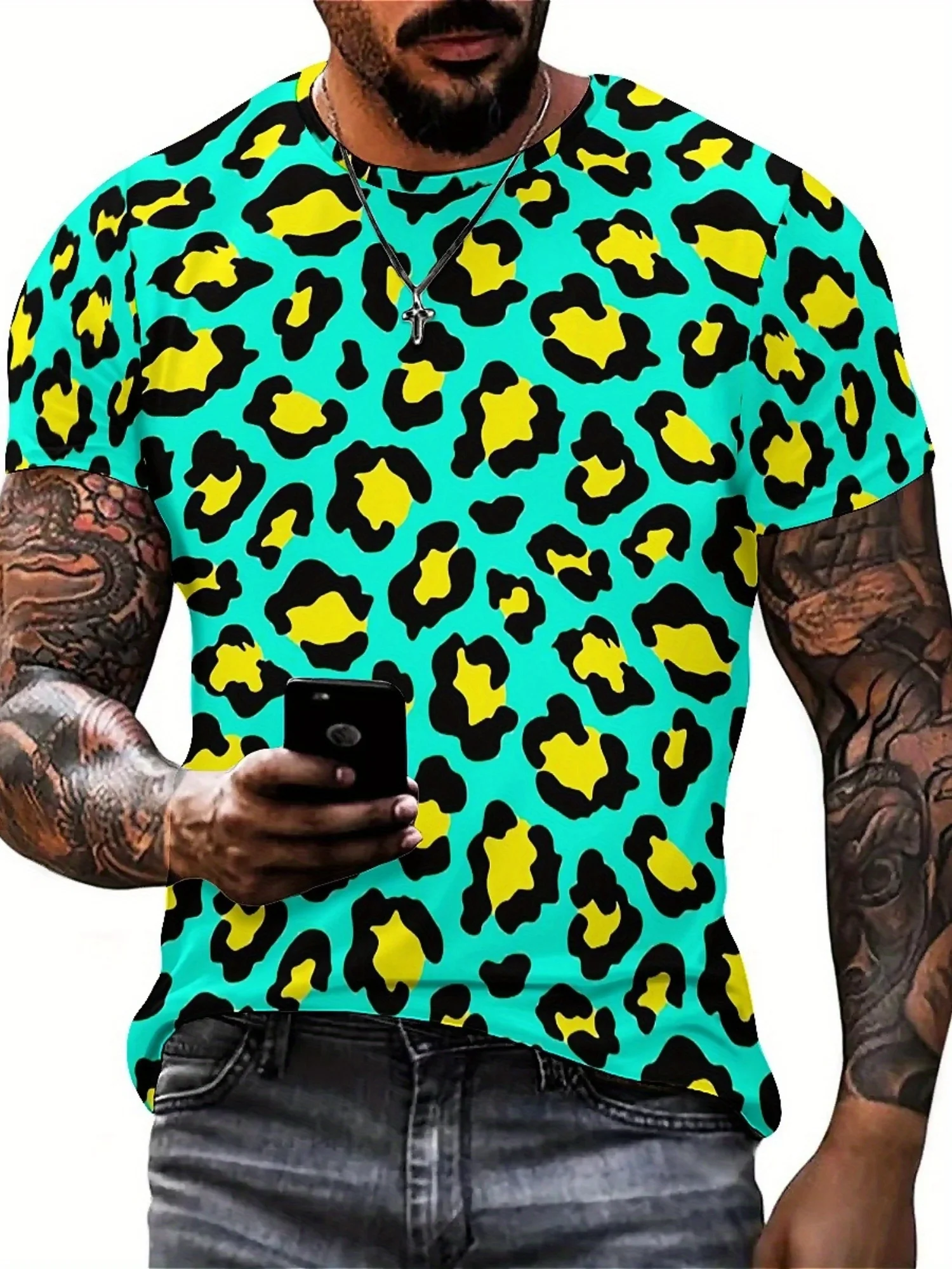 Men's 3D Leopard Print Tie-Dye T-Shirt - Retro Harajuku Streetwear Style, Soft Polyester Short Sleeve Tee