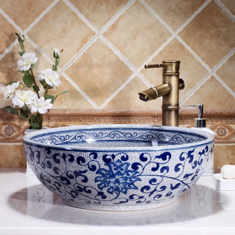 Chinese Hand Painted Bathroom Vessel Sink Bowl Blue And White Porcelain Countertop Wash Basins for Vanity Top Shampoo Sinks