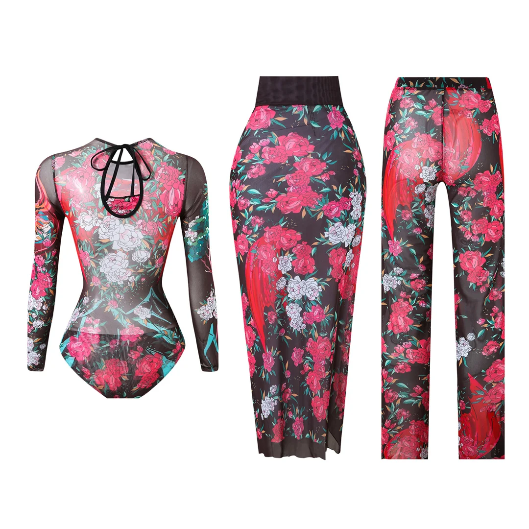 S - XXL 3-teiliges Set, neues, bedrucktes, langärmeliges Badeanzug-Set mit Hose, Sarong, Damen-Badebekleidung, einteiliger Badeanzug, Damen-Badeanzug, Badeanzug V7180 – Detail 33