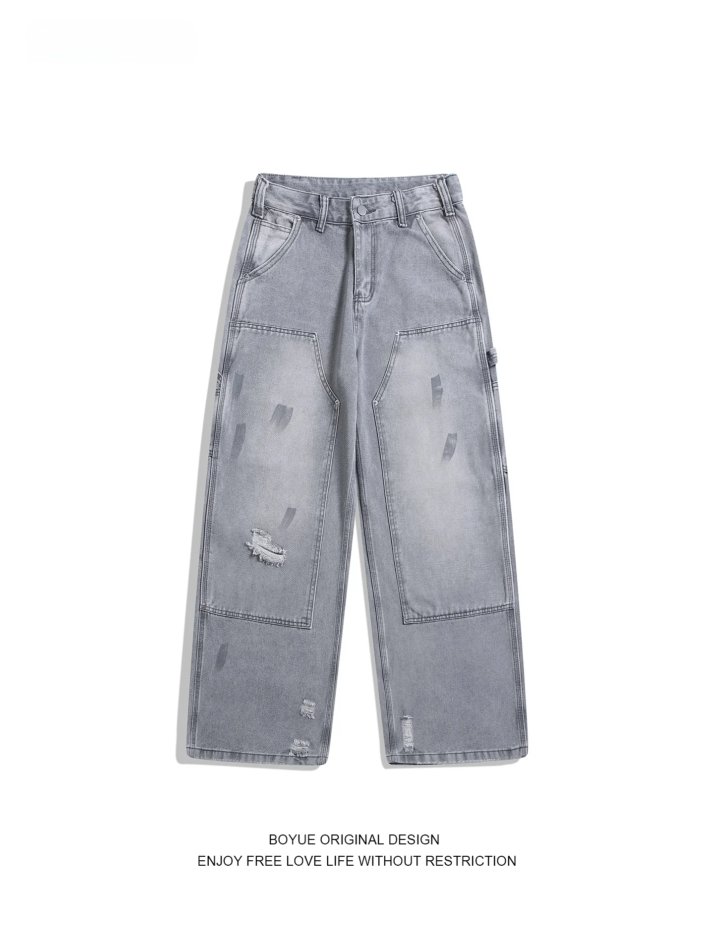 

Boyue Men's Jeans Workwear Logging Vintage Wide Leg Pants Splicing Casual Cotton Polyester Recycled Cotton Jeans
