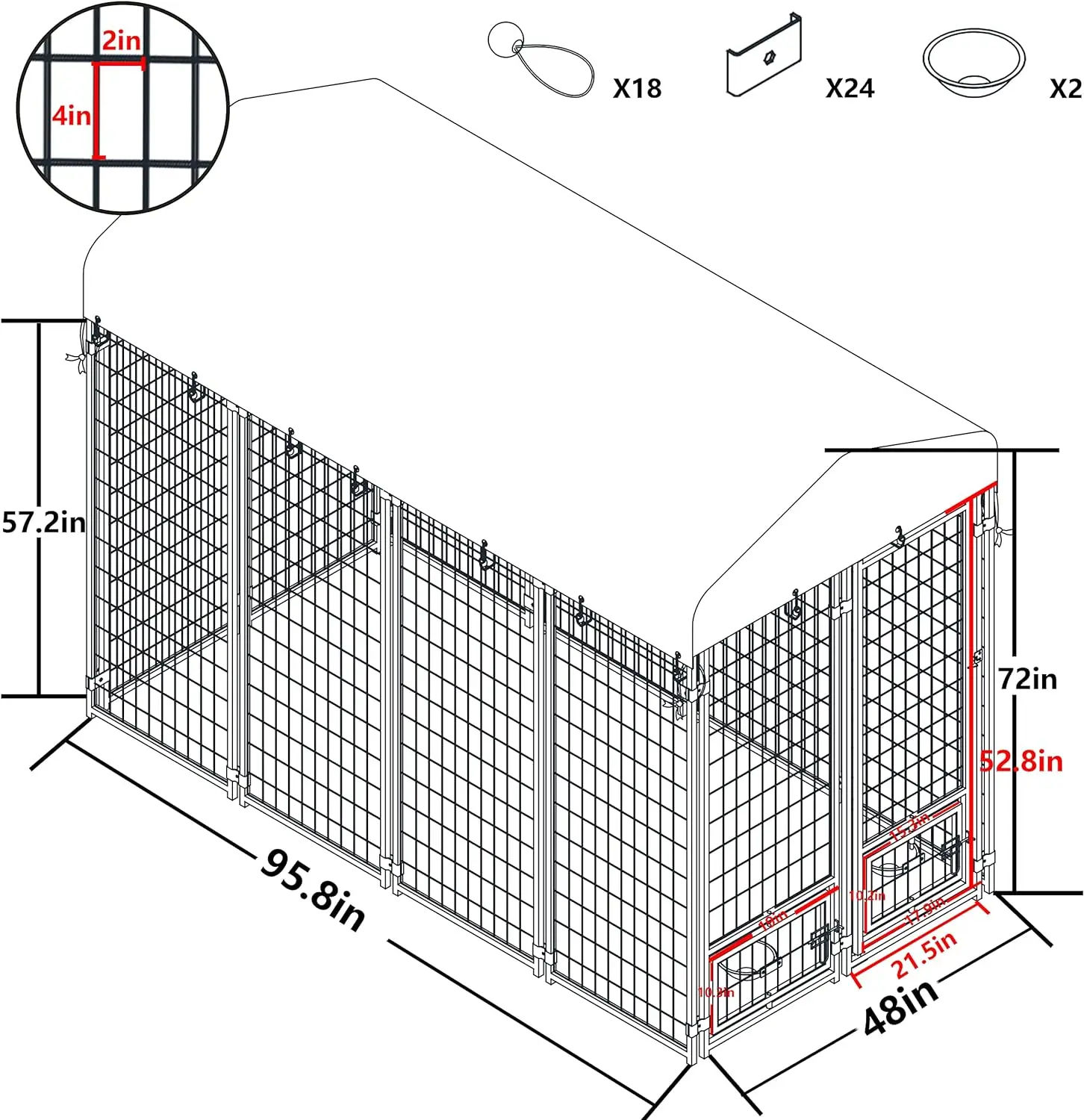 Large Dog Enclosure Dog Playpen House Heavy Duty with Canopy, Door, 2 Bowl Holders and Bowls, 8'L x 4'W x 6'H