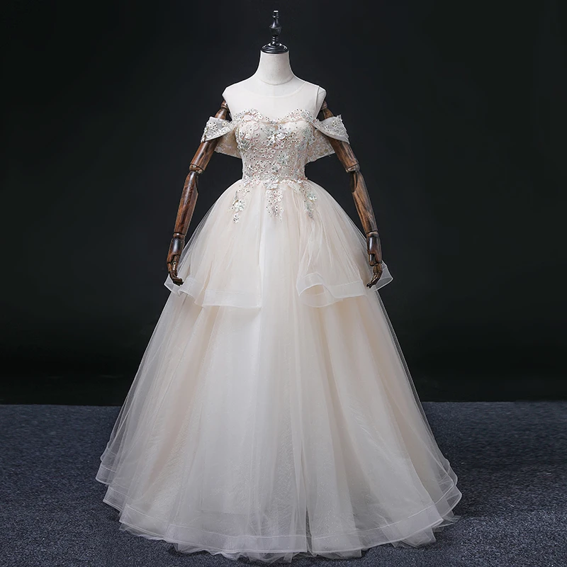 Anxin sh princesa champanhe flor renda barco pescoço beading cristal brilhante babados festa vestido de baile vestido de noite personalizado