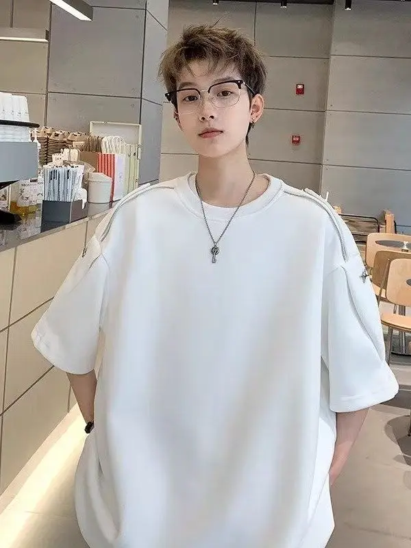 

Мужская футболка с металлическим декором и молнией, повседневная, дышащая, летняя, модная, уличная, свободного кроя, из полиэстера