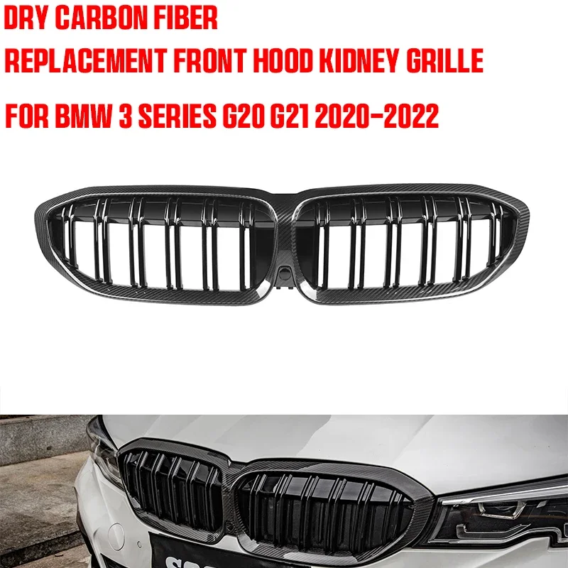 Replacement Front Hood Kidney Grille Dry Carbon Fiber + ABS Dual Line Sport Racing Grill For BMW 3 Series G20/G21/G28 2019-2022