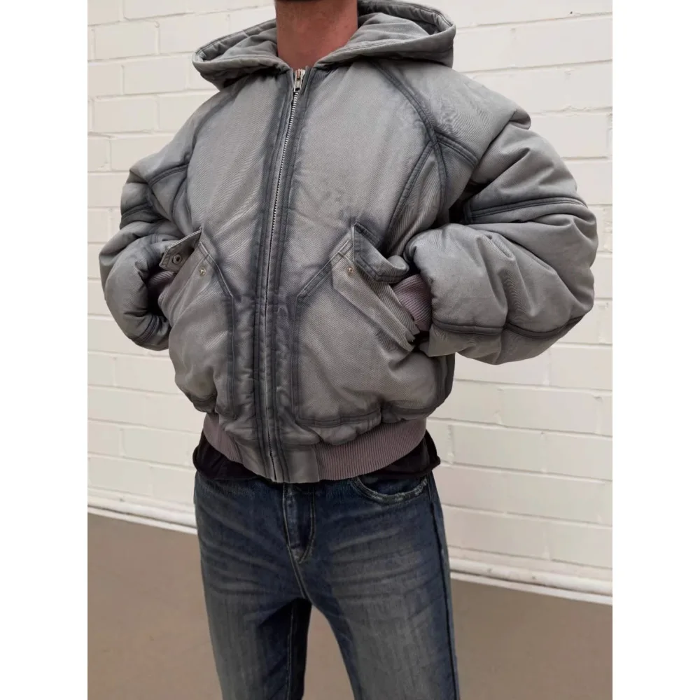 Distressed  Hooded Bomber Jacket Men Heavy Stitching Design Winter Warm Padded Coat Streetwear Loose Fit Outerwear