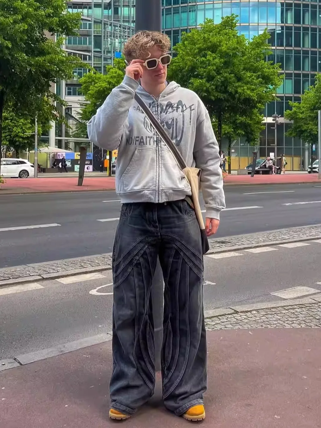 

American High Street No Faith Studios fiti Print Worn-Zipper Hoodie ex Autumn Winter Jaet Loose Fit Cotton Long Sve