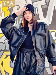 Hip Hop Women Genuine Leather Jacket Spring Stand Collar Loose Fit Casual Big Pocket Cargo Short Coat Fashion Sheepskin Jackets
