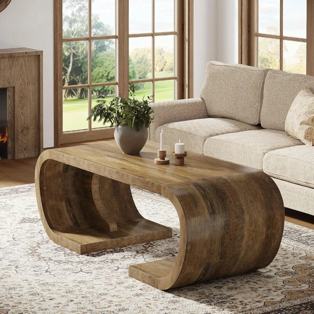 طاولة قهوة المزرعة، 47 طاولة مركزية شديدة التحمل على شكل حرف C مع قاعدة منحنية، طاولة شاي كبيرة لغرفة المعيشة #5
