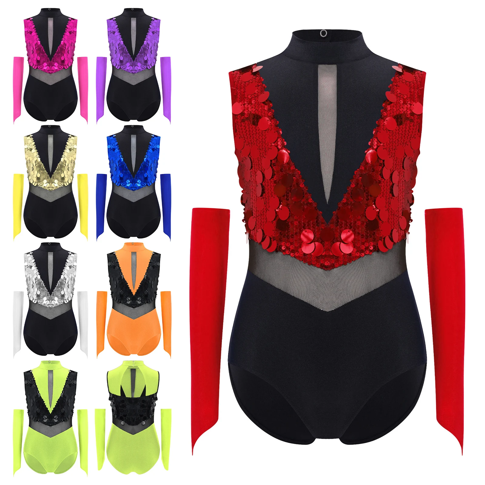 Kids Girls Gymnastics Dance Performance Outfit Sleeveless Cutout Back Sequins Leotard with Gloves for Jazz Latin Modern Dancing